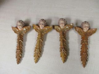 Set Of 4 Antique Plastic Cherub Angels Hand Painted Wings 9 " Tall Italy?