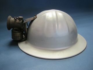 Vintage McDonald T Aluminum Helmet Hardhat w Miners Justrite Carbon Lamp 3