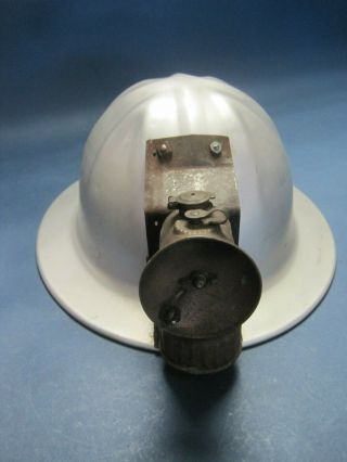 Vintage McDonald T Aluminum Helmet Hardhat w Miners Justrite Carbon Lamp 4