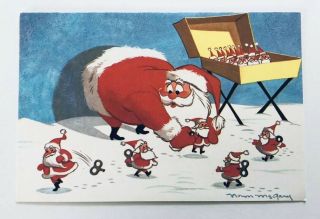 Rare Vintage Mid Century Christmas Card Norm Mcgary Santa Claus Windup Toy Snow