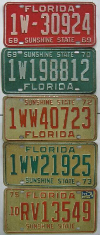 5 Vintage Florida Sunshine State License Plates: 