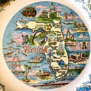 Antique (1960s) State Of Florida Souvenir Ceramic Plate 9”,  Pre - Disney Era 2