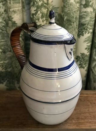 Rare Small Antique Vintage French Enamel White Cream Pitcher With Blue Bands