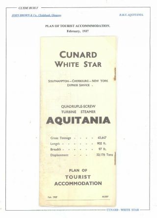 Cunard White Star Line Aquitania Accommodation Plan 1937