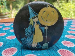 Halloween Tin Container Featuring Girl With Jack - O - Lantern On Broomstick 4 " X2 "