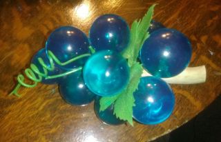 Vintage Mid Century Modern Blue Lucite Acrylic Glass Grapes Leaves Bunch Cluster
