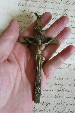 Antique French Large Pectoral Brass Wood Cross Crucifix Skull Xbones C1890s