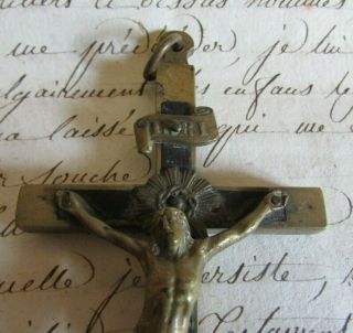 Antique French LARGE Pectoral Brass Wood Cross Crucifix Skull XBones c1890s 4