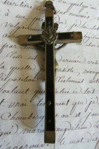 Antique French LARGE Pectoral Brass Wood Cross Crucifix Skull XBones c1890s 6