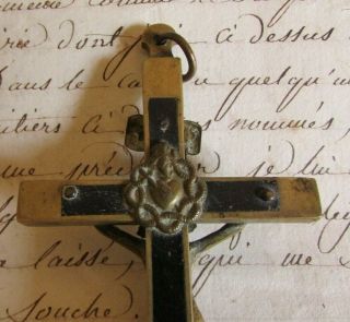 Antique French LARGE Pectoral Brass Wood Cross Crucifix Skull XBones c1890s 7
