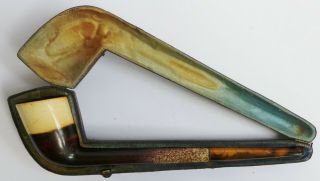 Antique 19th Century Long Meerschaum & Amber Pipe In Case