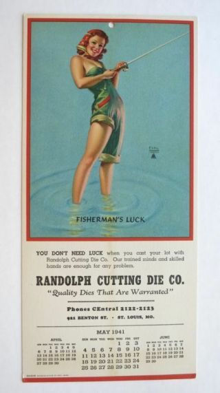 May 1941 Pin Up Girl Ad Calendar By Earl Moran Sexy Fisherwoman Fishermans Luck
