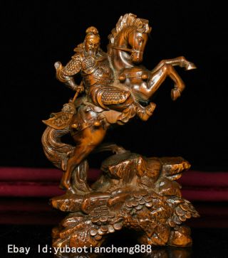 China Folk Boxwood Wood Carving Ride Horse Guan Gong Guan Yu Warrior God Statue