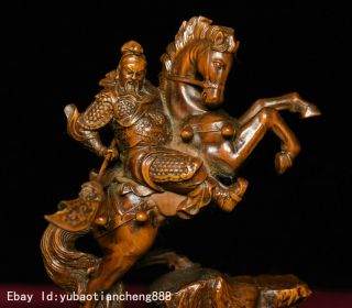 China Folk Boxwood wood Carving ride horse Guan Gong Guan Yu warrior God Statue 3