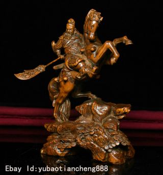 China Folk Boxwood wood Carving ride horse Guan Gong Guan Yu warrior God Statue 5