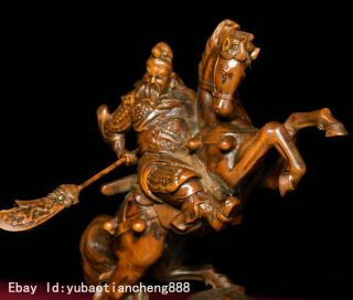 China Folk Boxwood wood Carving ride horse Guan Gong Guan Yu warrior God Statue 6