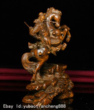 China Folk Boxwood wood Carving ride horse Guan Gong Guan Yu warrior God Statue 7