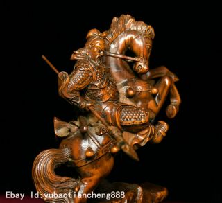 China Folk Boxwood wood Carving ride horse Guan Gong Guan Yu warrior God Statue 8