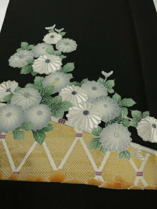 2l04z70 Japanese Kimono Silk Fabric Black Chrysanthemum 43.  3 "