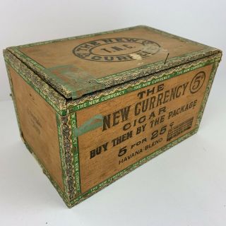 The Currency Havana Blend Cigar Box Large Antique Wood District of VA 5 Cent 4