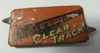 Vtg Indian Plug Chewing Tobacco Tin Tag CLEAR TRACK RR TRAIN Antique Advertising 2