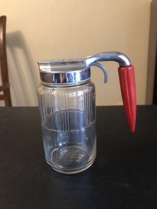 Vtg Ribbed Glass Syrup Dispenser Pitcher Red Bakelite Bullet Handle Federal Tool
