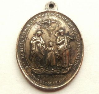 OUR LADY OF THE SACRED HEART & THE HOLY FAMILY ANTIQUE OLD BRONZE MEDAL PENDANT 2