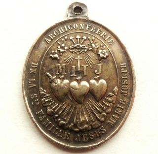 OUR LADY OF THE SACRED HEART & THE HOLY FAMILY ANTIQUE OLD BRONZE MEDAL PENDANT 3