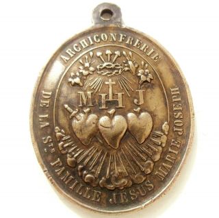 OUR LADY OF THE SACRED HEART & THE HOLY FAMILY ANTIQUE OLD BRONZE MEDAL PENDANT 4
