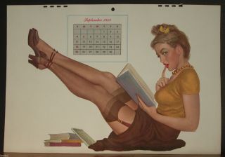 Moore Large Calendar Page September 1949 Sexy Student Book Stockings Garter