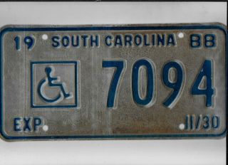 South Carolina 1988 License Plate " 7094 " Handicapped/disabled