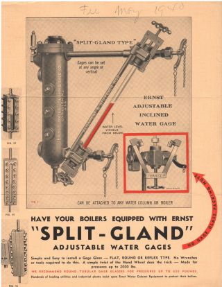 Vintage 1940 Ernst Water Gage & Column Brochure Split - Gland Gages Great Pics