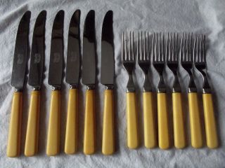 Dinner Knives Forks Stainless Steel Cream Celluloid Handles Usa Lamson & Goodnow
