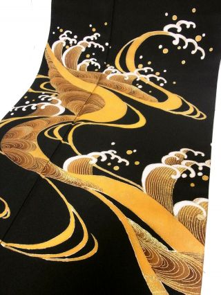 Japanese Kimono Fabric 46 " _silk,  Black,  Gold,  Yellow Ocher,  Wave,  E712 - A