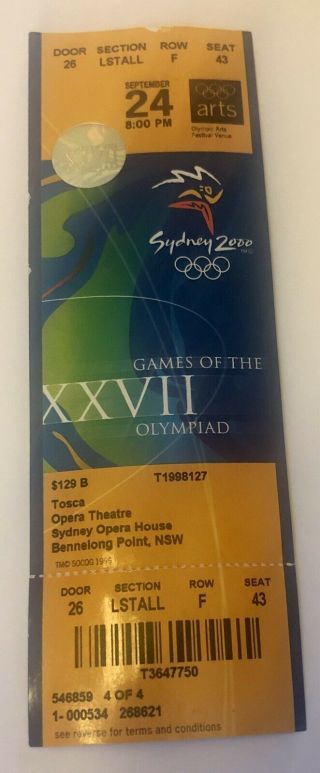 Sydney 2000 Olympics Ticket Tosca Opera House - Ticket