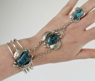 Signed Navajo Sterling Silver Turquoise Vtg Slave Bracelet & Ring Bright Beauty