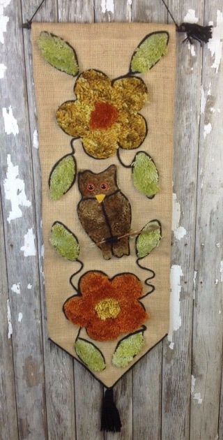 Large Retro Vintage Owl Flower Wall Hanging Handmade Yarn Burlap Hippie Boho Mcm