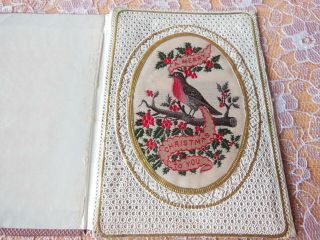 Victorian Christmas Card/opens To Reveal Woven/embroidered Robin Picture