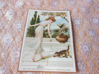 Victorian Year Card/de La Rue/girl Playing With Yo Yo And Cat/no.  568