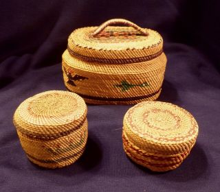 Antique Estate 3 Nootka Or Makah Us Or Canadaian Cedar Sea Grass Baskets
