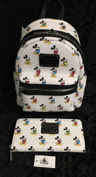 Disney Parks & Loungefly Mickey “mouse Poses” All Over Backpack & Wallet Nwt