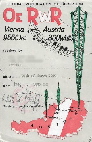 1950 Qsl: Oerwr,  Sendergruppe Rot - Weiss - Rot (red - White - Red),  Vienna,  Austria