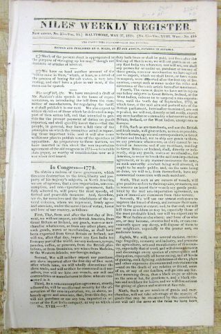 1820 Newspaper Wprinting 1774 Non - Importation Agreement 1st Continental Congress