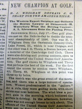 1896 Newspaper Whigham Wins Us Amateur Open Golf Championship @ Shinnecock Hills