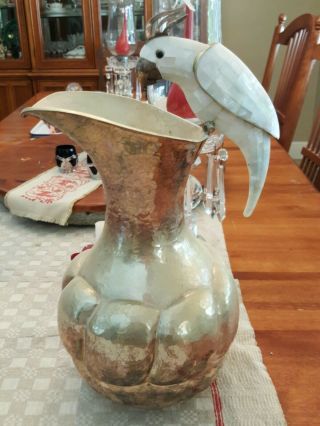 Silver Abalone Parrot Cockatoo 16 " Water Pitcher Taxco Mexico