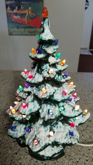Vintage 17 " Tal Snow Flocked Ceramic Christmas Tree Colored Lights Holiday Decor
