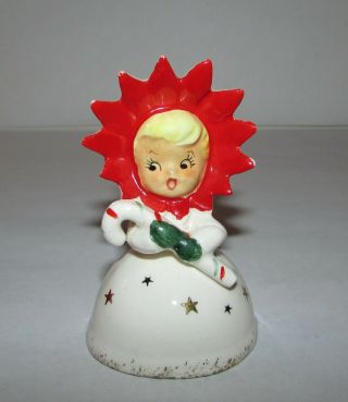 Vintage Christmas Holt Howard Poinsettia Girl Porcelain Bell W/candy Cane Japan