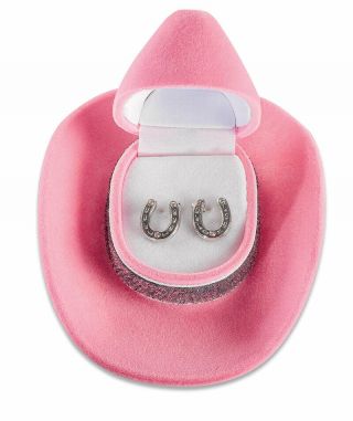 Horseshoe Earrings Crystals Pink Cowboy Hat Gift Box Hn - 400