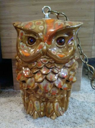 Vintage Mcm Ceramic Owl Drip Glaze Hanging Swag Light Lamp 10 " 1960 