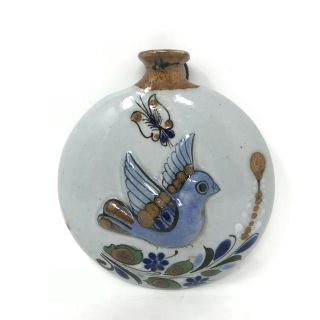 Mexican Studio Pottery Bottle Vase Flask Blue Mexico Bird Miniature Butterfly